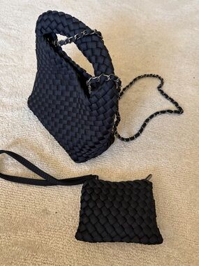 Woven Black Shoulder Bag with Small Pouch - Brand Unknown